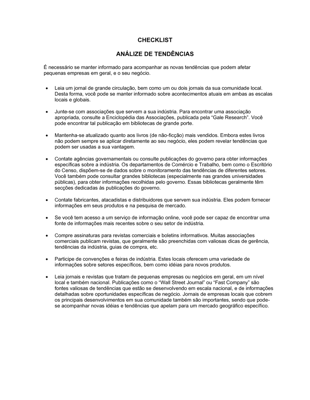 Business-in-a-Box's Lista de Conferência Análise de Tendências