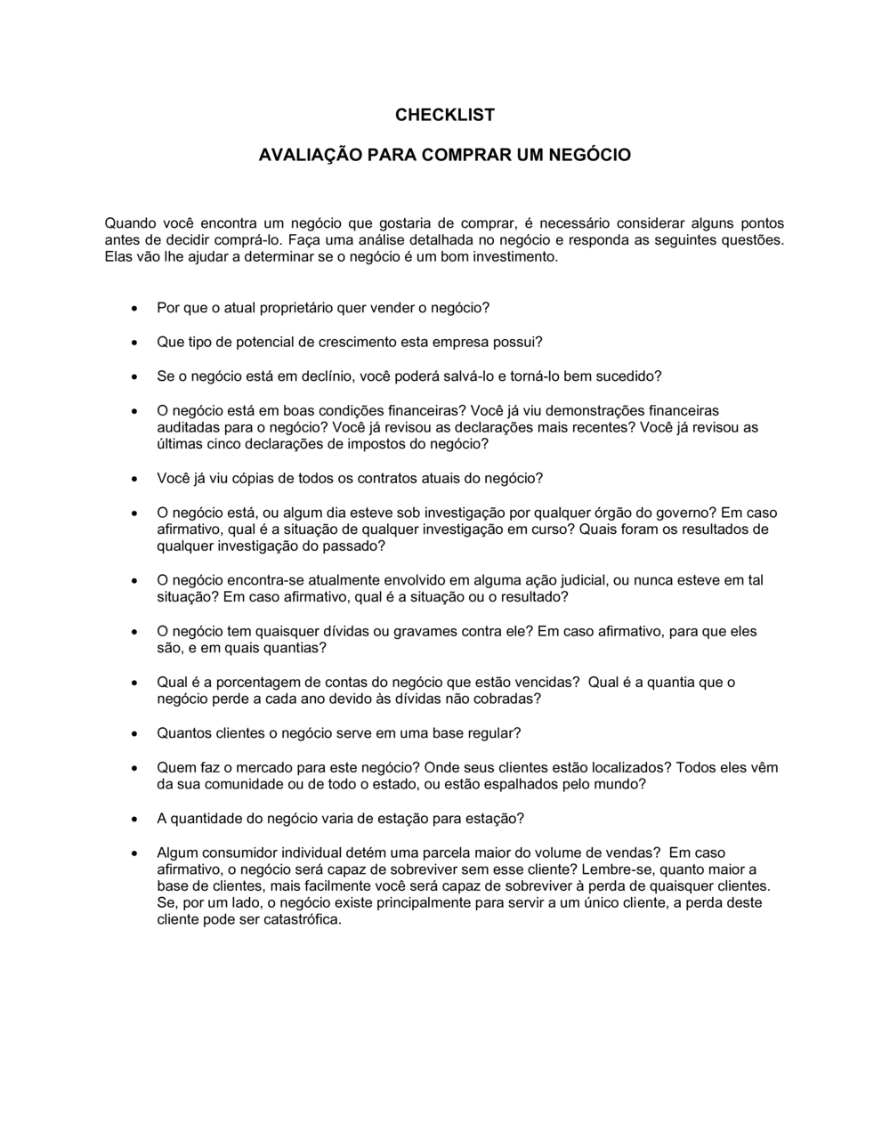 Business-in-a-Box's Lista de Conferência Avaliação para Comprar um Negócio
