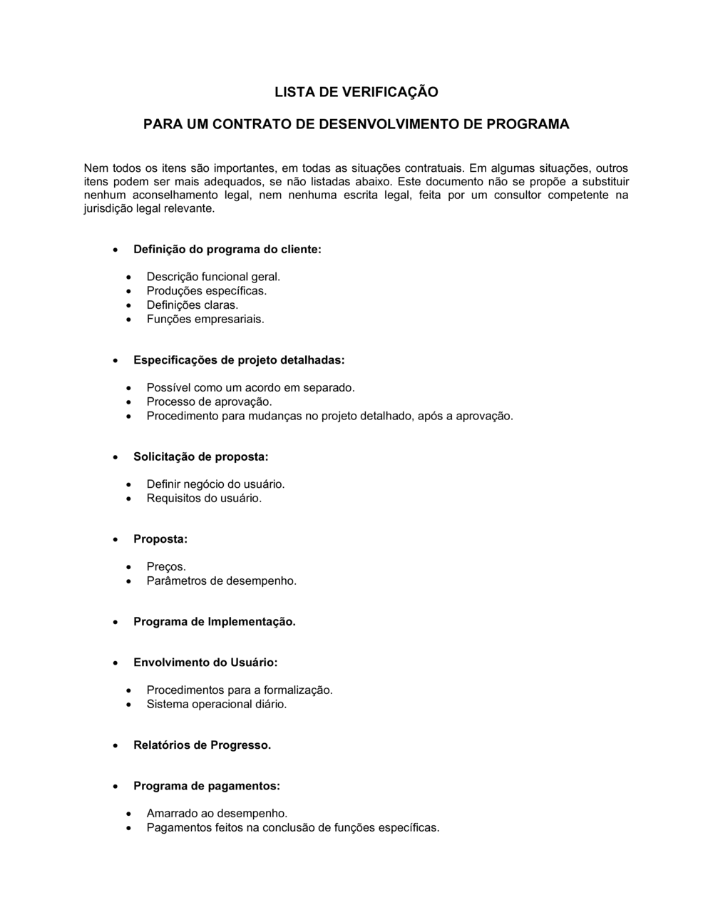 Business-in-a-Box's Lista de Conferência Contrato de Desenvolvimento de Software