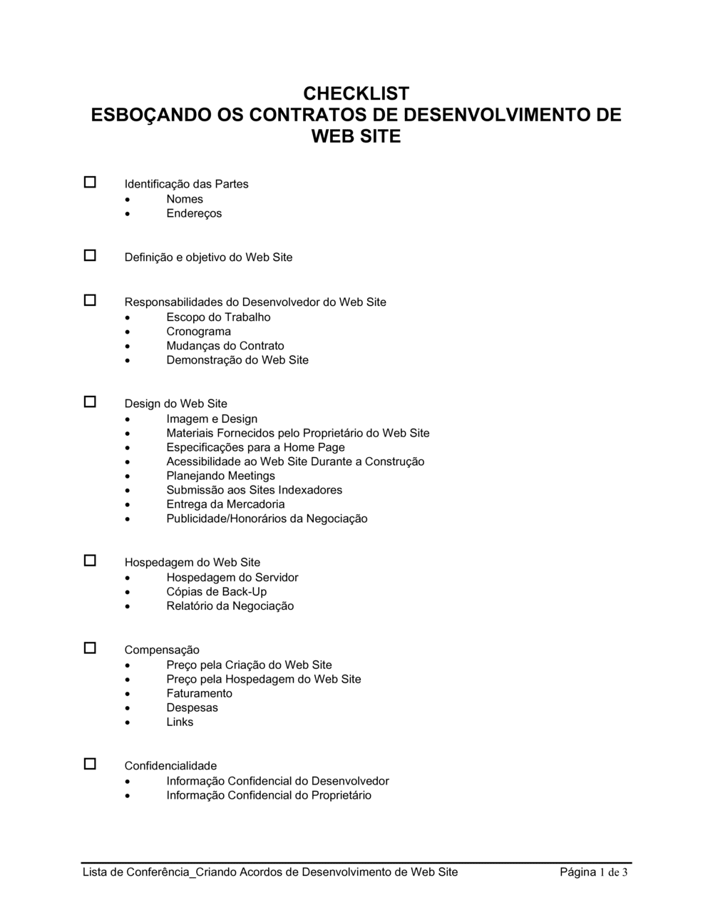 Business-in-a-Box's Lista de Conferência Criando Acordos de Desenvolvimento de Web Site