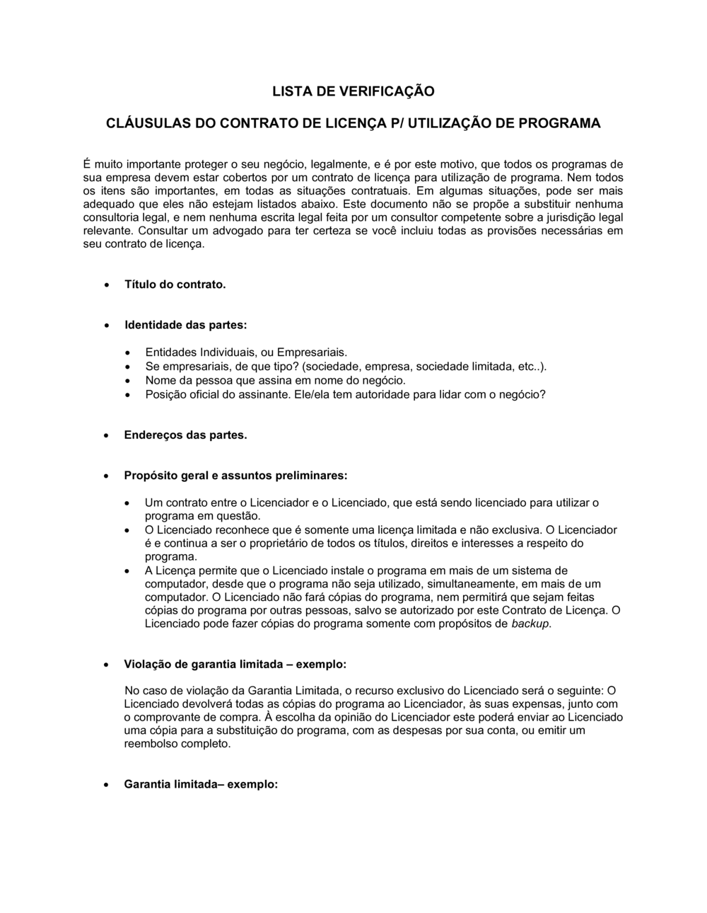 Business-in-a-Box's Lista de Conferência Disposições do Acordo de Licença de Software