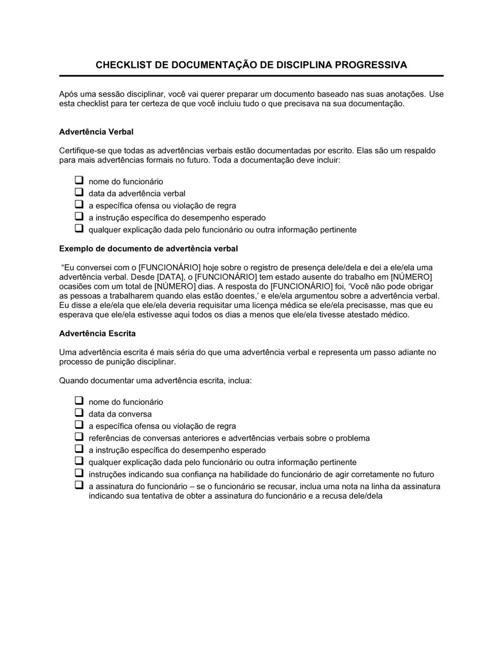 Business-in-a-Box's Lista de Conferência Documentação de Disciplina Progressiva