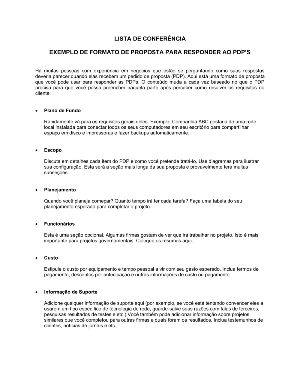 Business-in-a-Box's Lista de Conferência Exemplo de Formato para Responder ao RFP