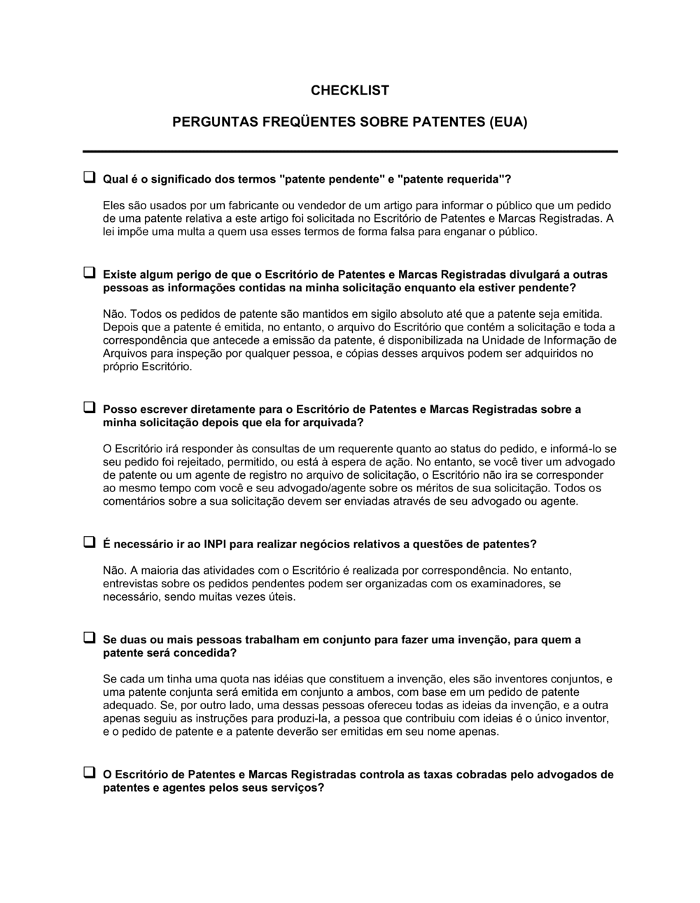 Business-in-a-Box's Lista de Conferência FAQ Sobre Patentes