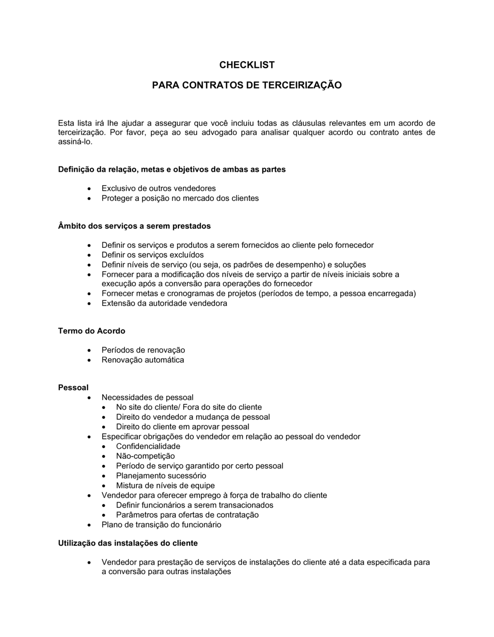 Business-in-a-Box's Lista de Conferência Para Acordos de Outsourcing