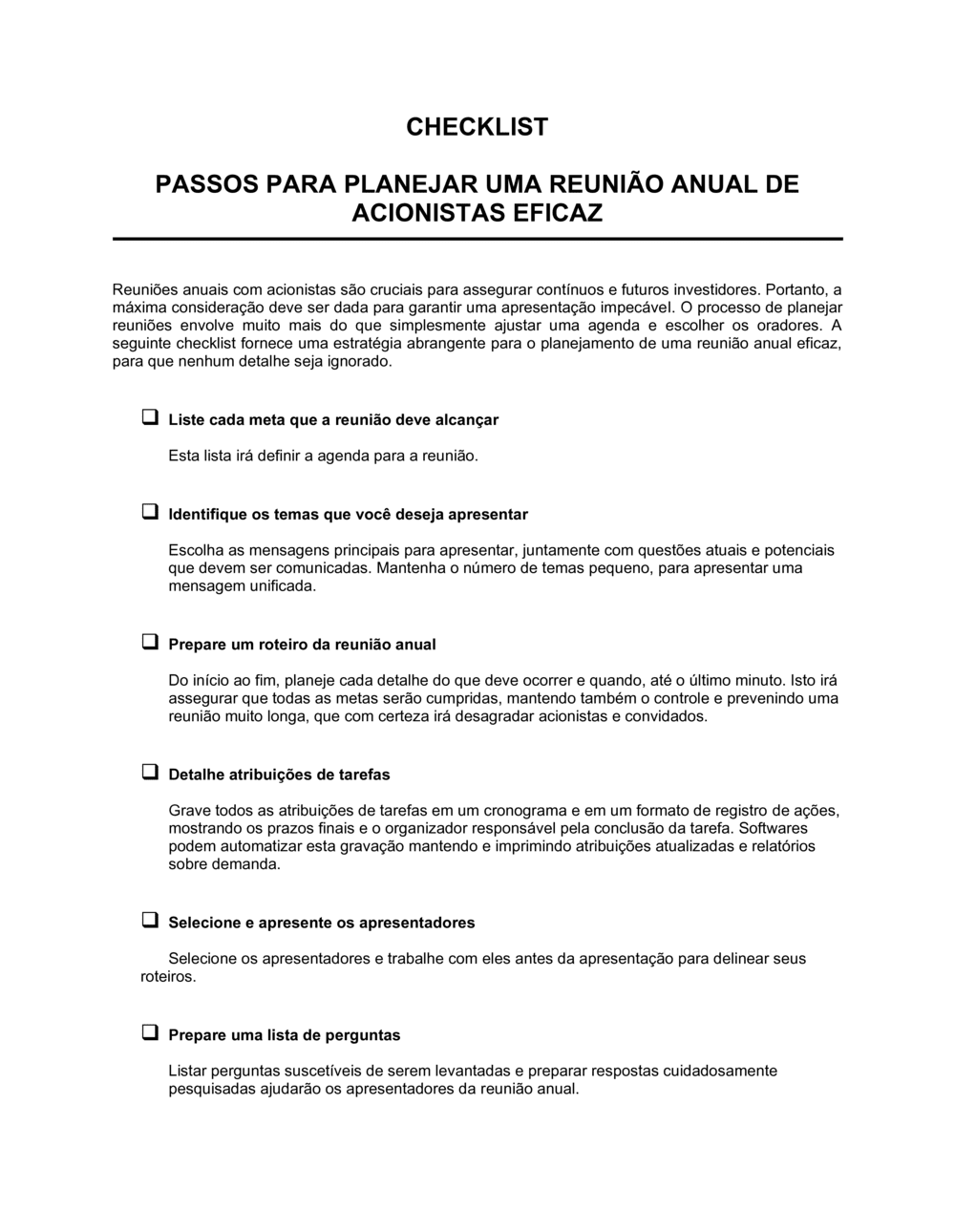 Business-in-a-Box's Lista de Conferência Passos para Planejar uma Reunião Anual