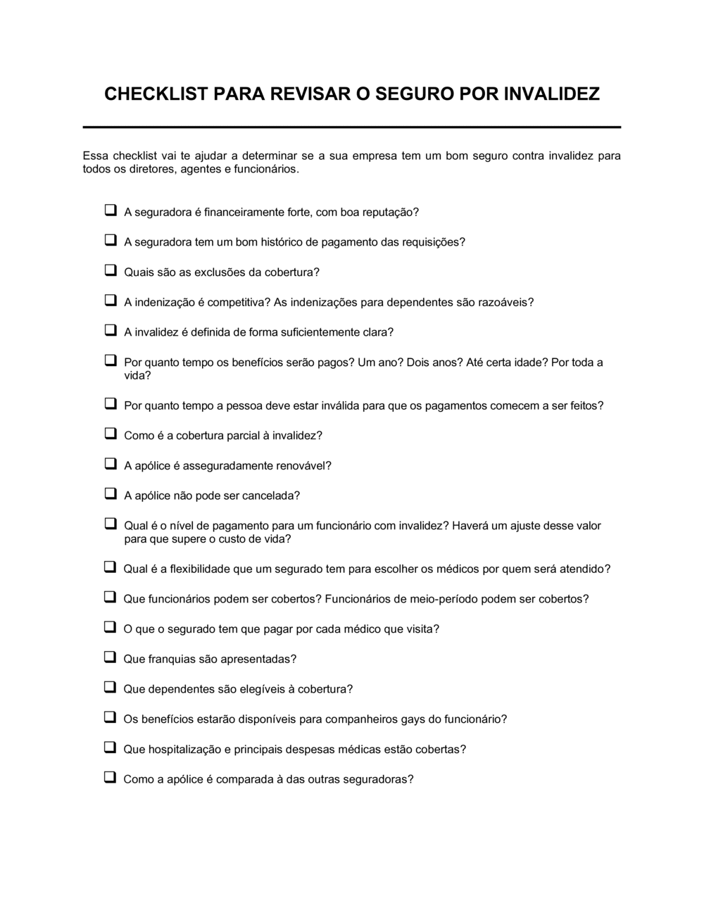 Business-in-a-Box's Lista de Conferência Seguro de Invalidez e Saúde