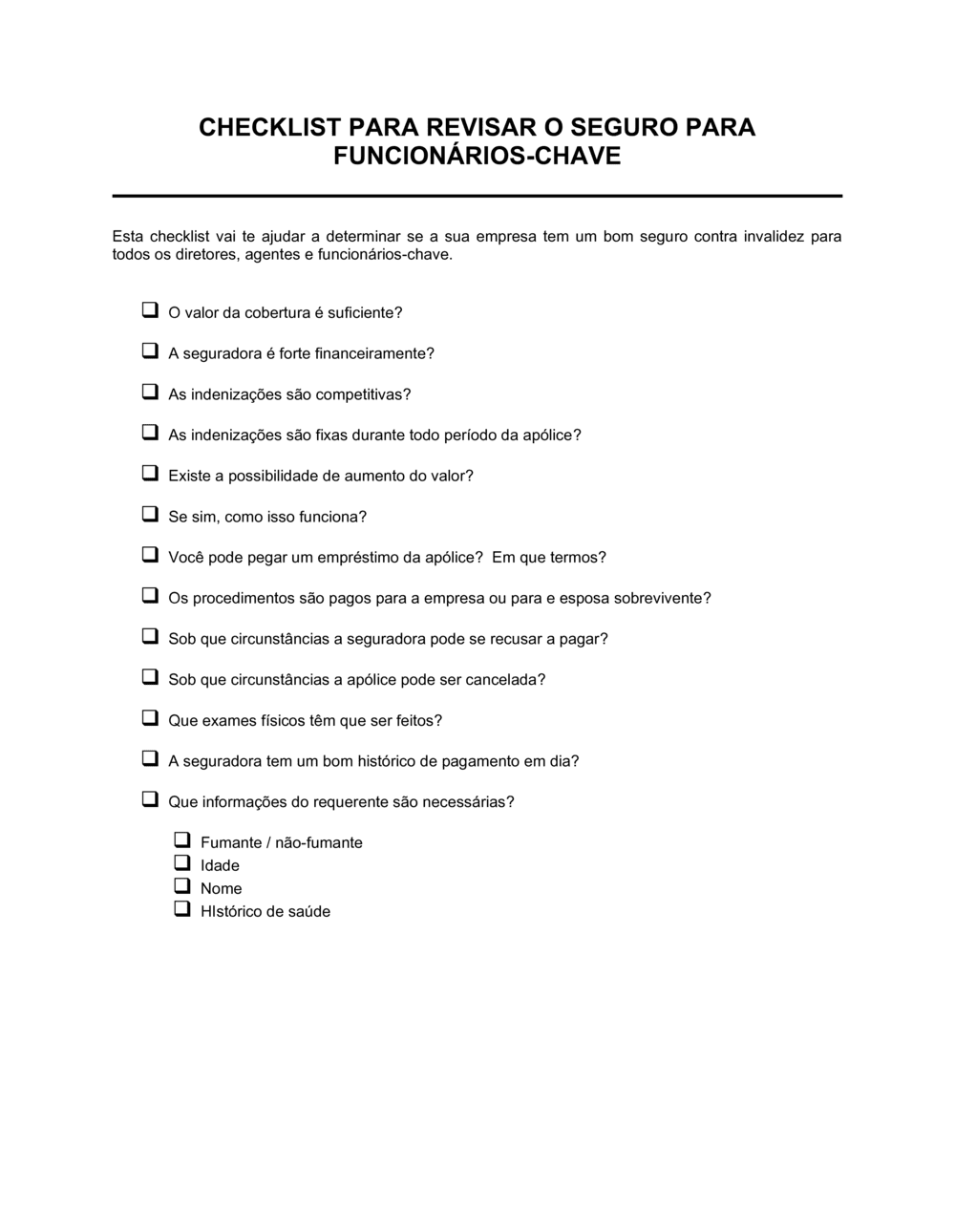 Business-in-a-Box's Lista de Conferência Seguro de Vida de Funcionários Chaves