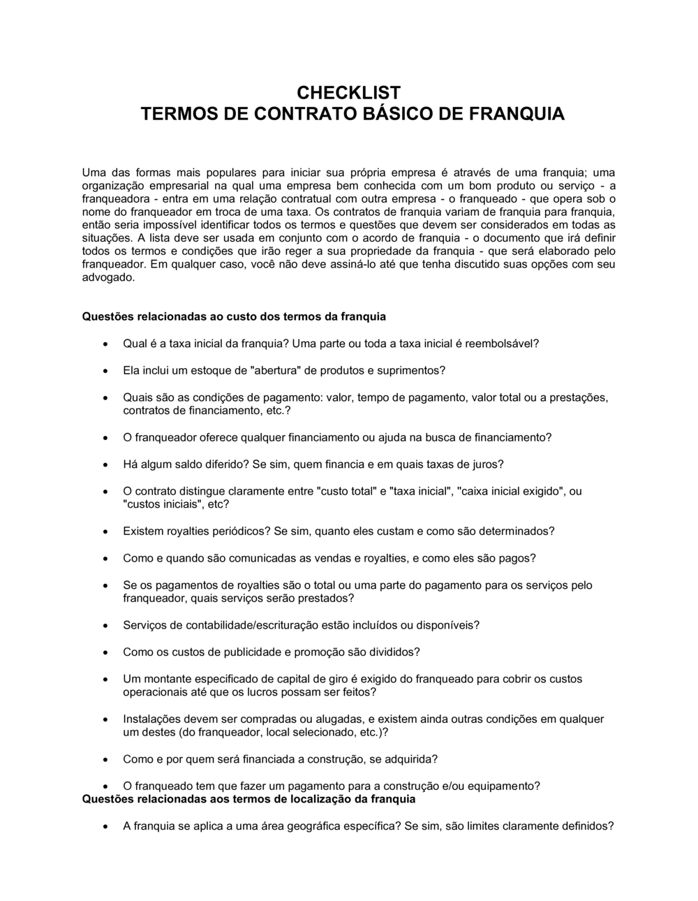 Business-in-a-Box's Lista de Conferência Termos de Acordo de Franquia Básica