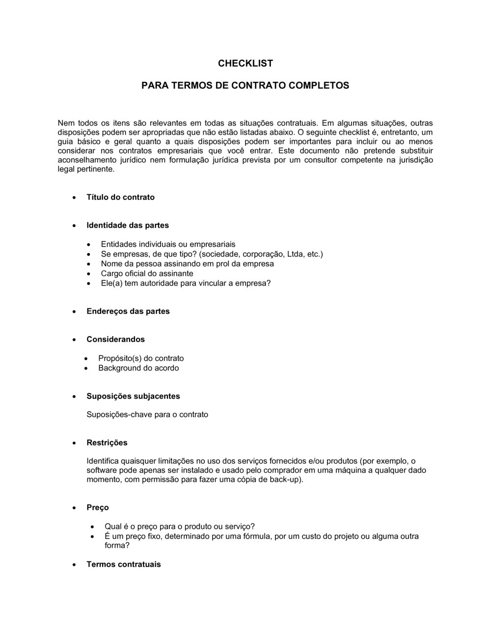 Business-in-a-Box's Lista de Conferência Termos e Disposições de Contrato