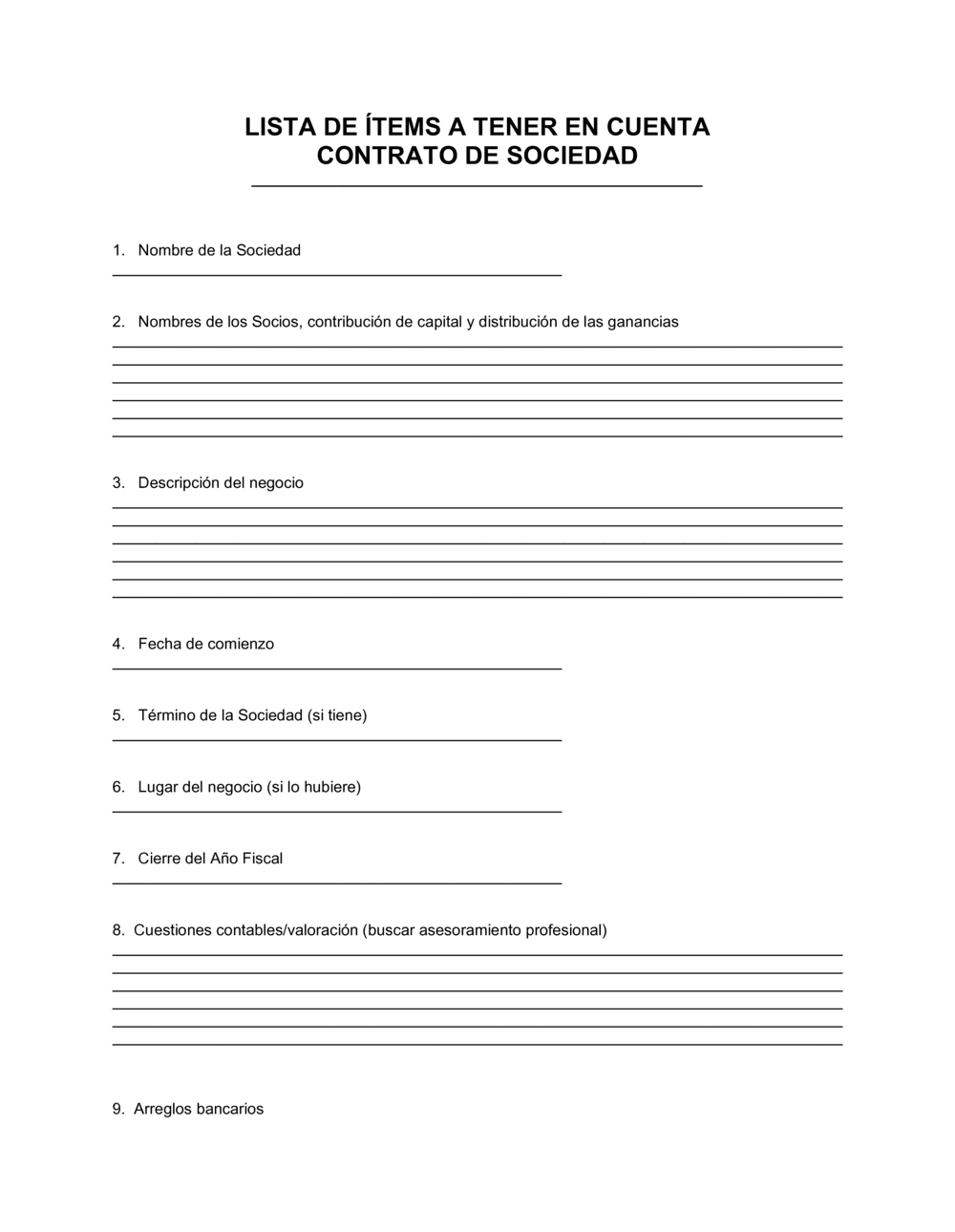 Business-in-a-Box's Lista de ítems a tener en cuenta acuerdo de sociedad