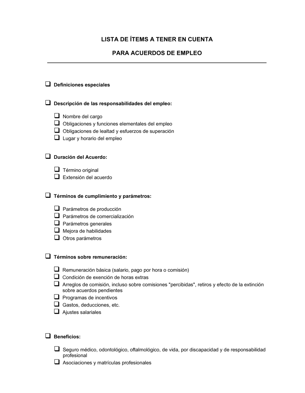 Business-in-a-Box's Lista de ítems a tener en cuenta acuerdos laborales
