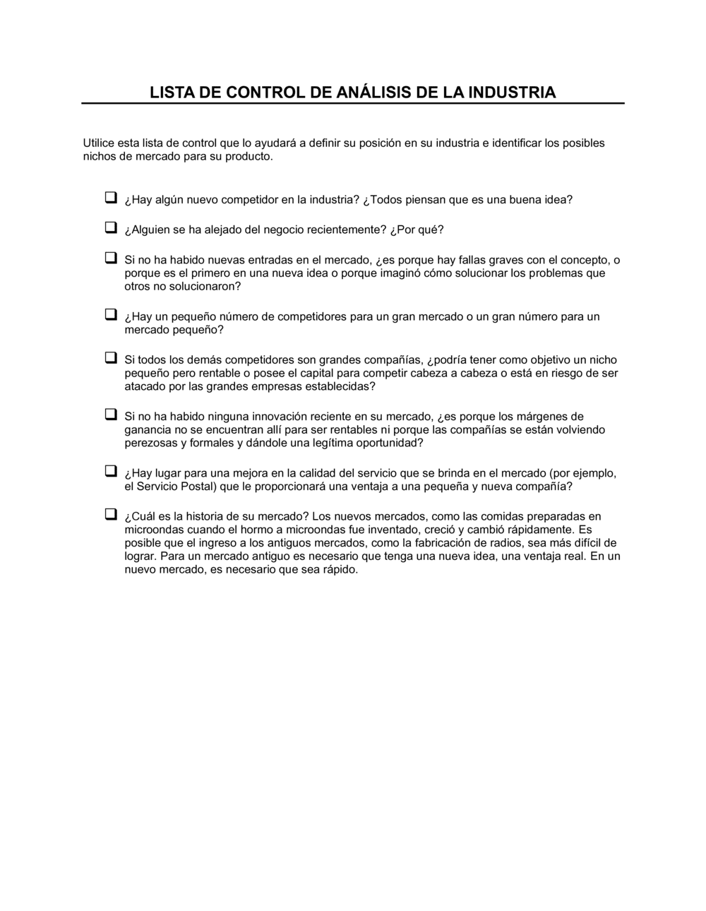 Business-in-a-Box's Lista de ítems a tener en cuenta análisis de la industria