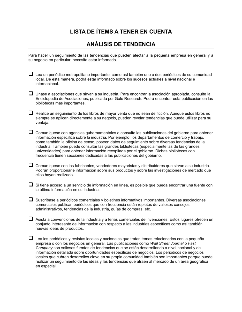Business-in-a-Box's Lista de ítems a tener en cuenta análisis de tendencias