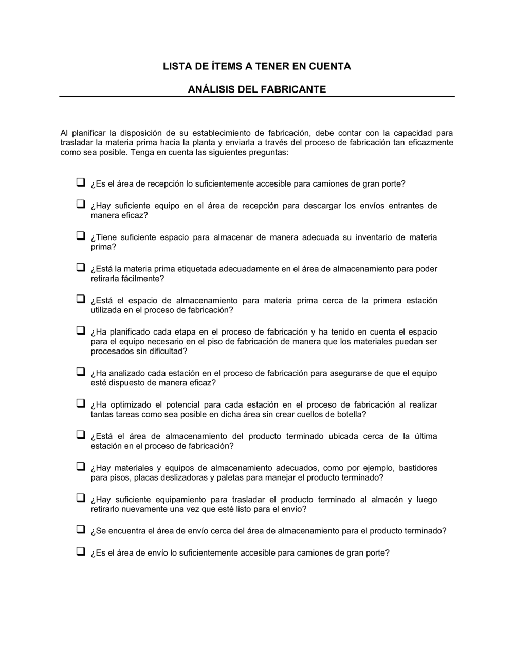 Business-in-a-Box's Lista de ítems a tener en cuenta análisis del fabricante