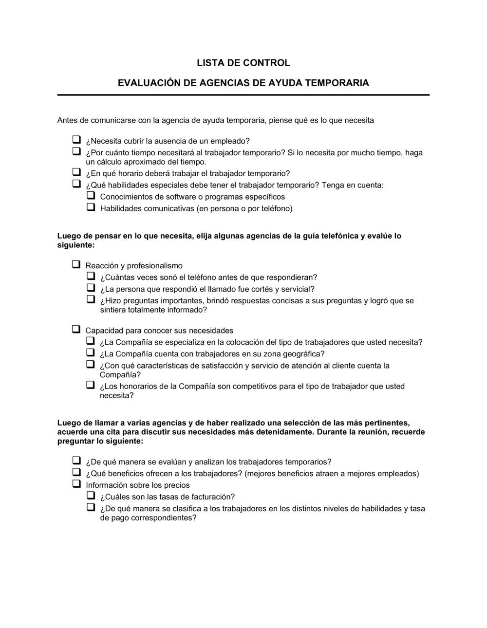 Business-in-a-Box's Lista de ítems a tener en cuenta apoyo temporal de una consultora de empleo