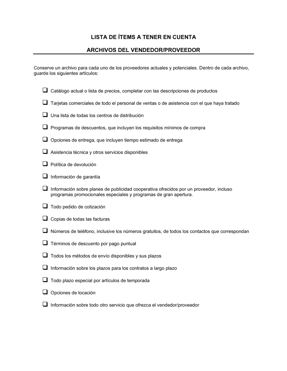 Business-in-a-Box's Lista de ítems a tener en cuenta archivo de proveedor y vendedor
