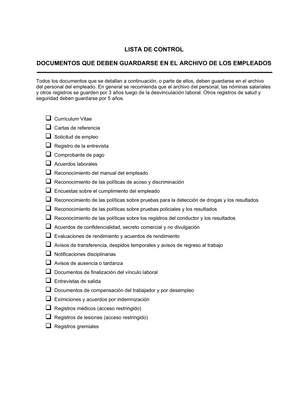 Business-in-a-Box's Lista de ítems a tener en cuenta archivo del personal