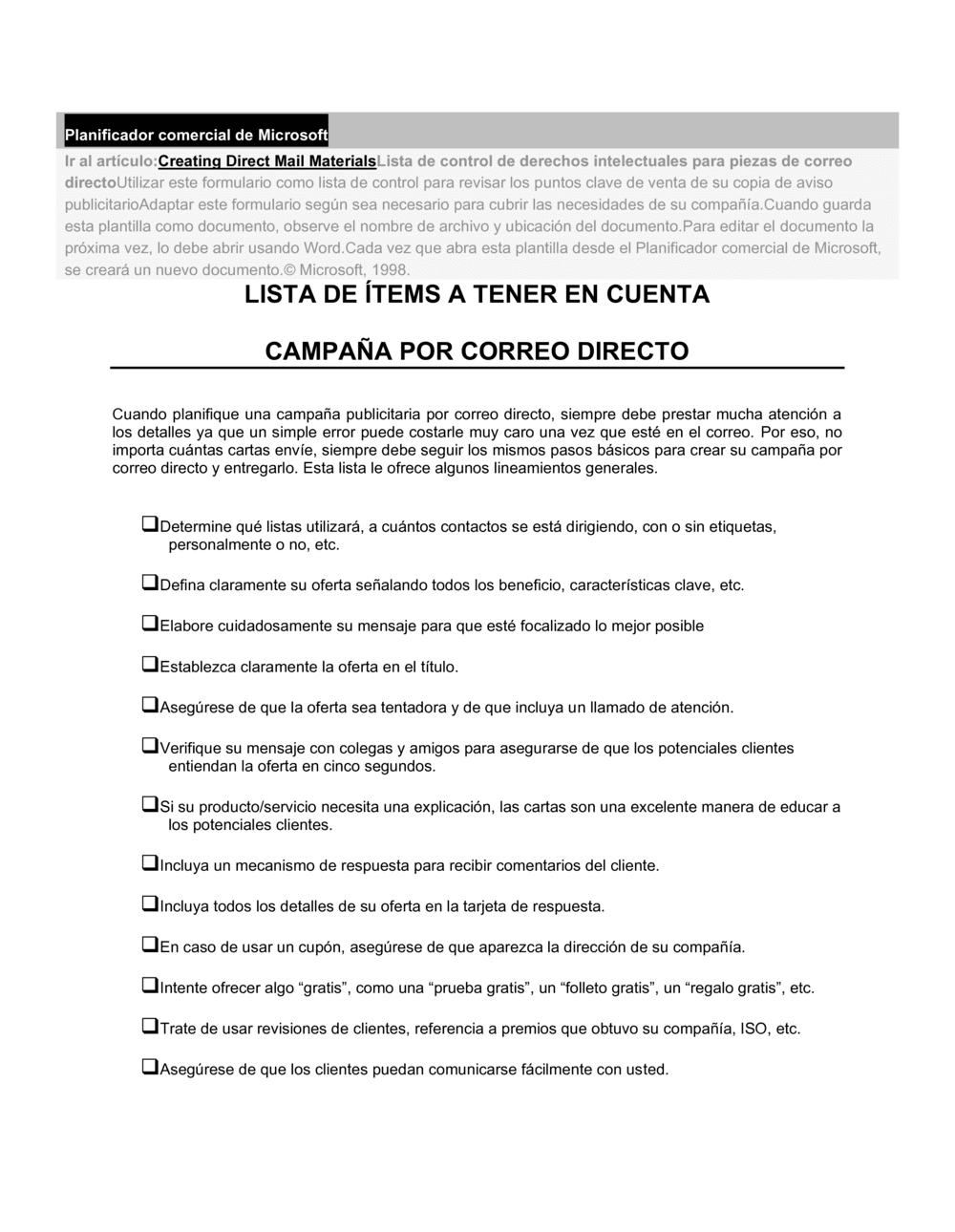 Business-in-a-Box's Lista de ítems a tener en cuenta campaña de correo directo