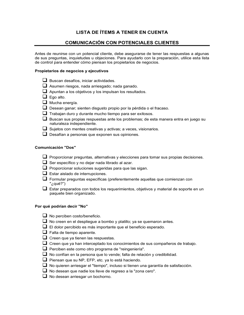 Business-in-a-Box's Lista de ítems a tener en cuenta comunicación con potenciales clientes