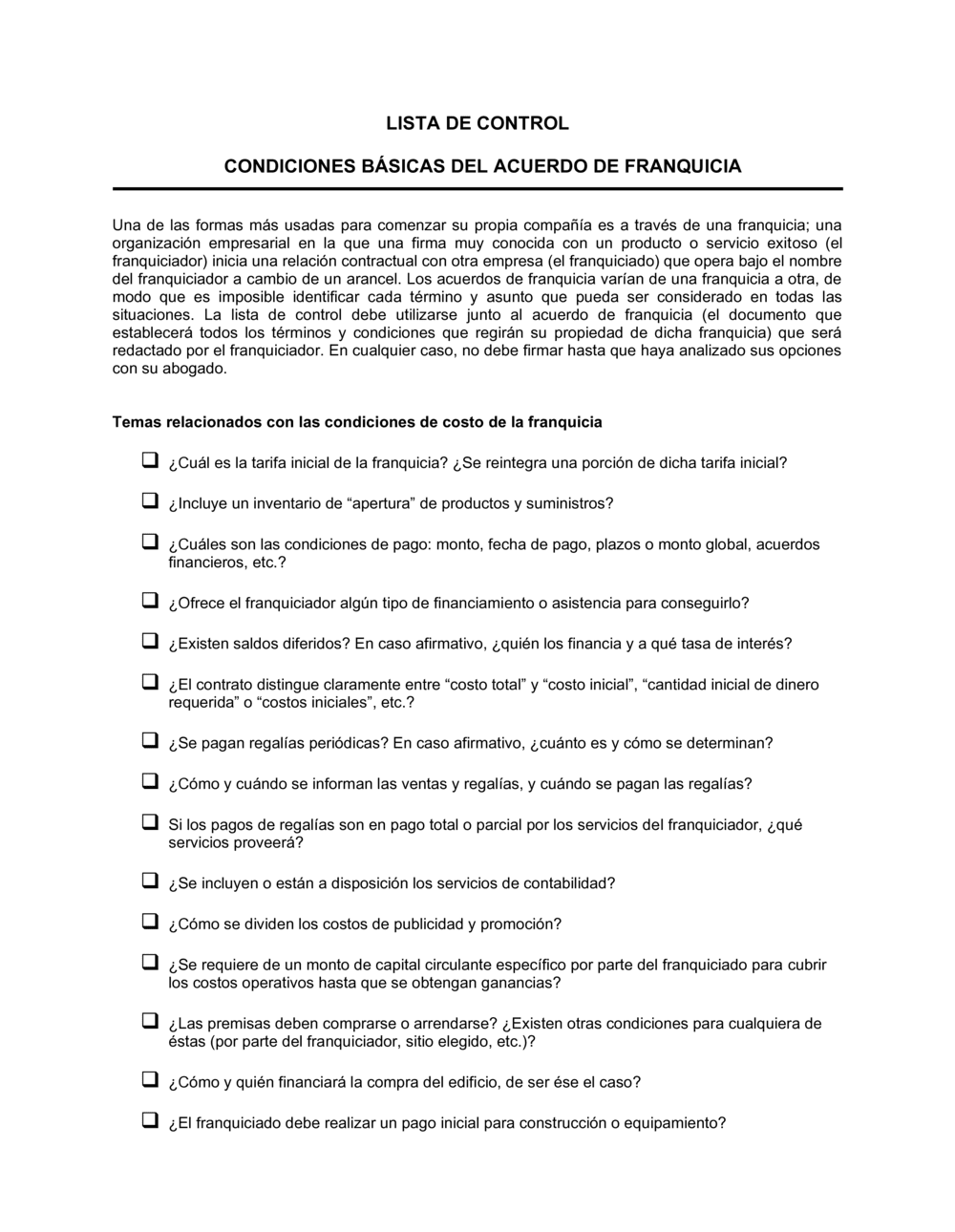 Business-in-a-Box's Lista de ítems a tener en cuenta condiciones básicas del acuerdo de franquicia