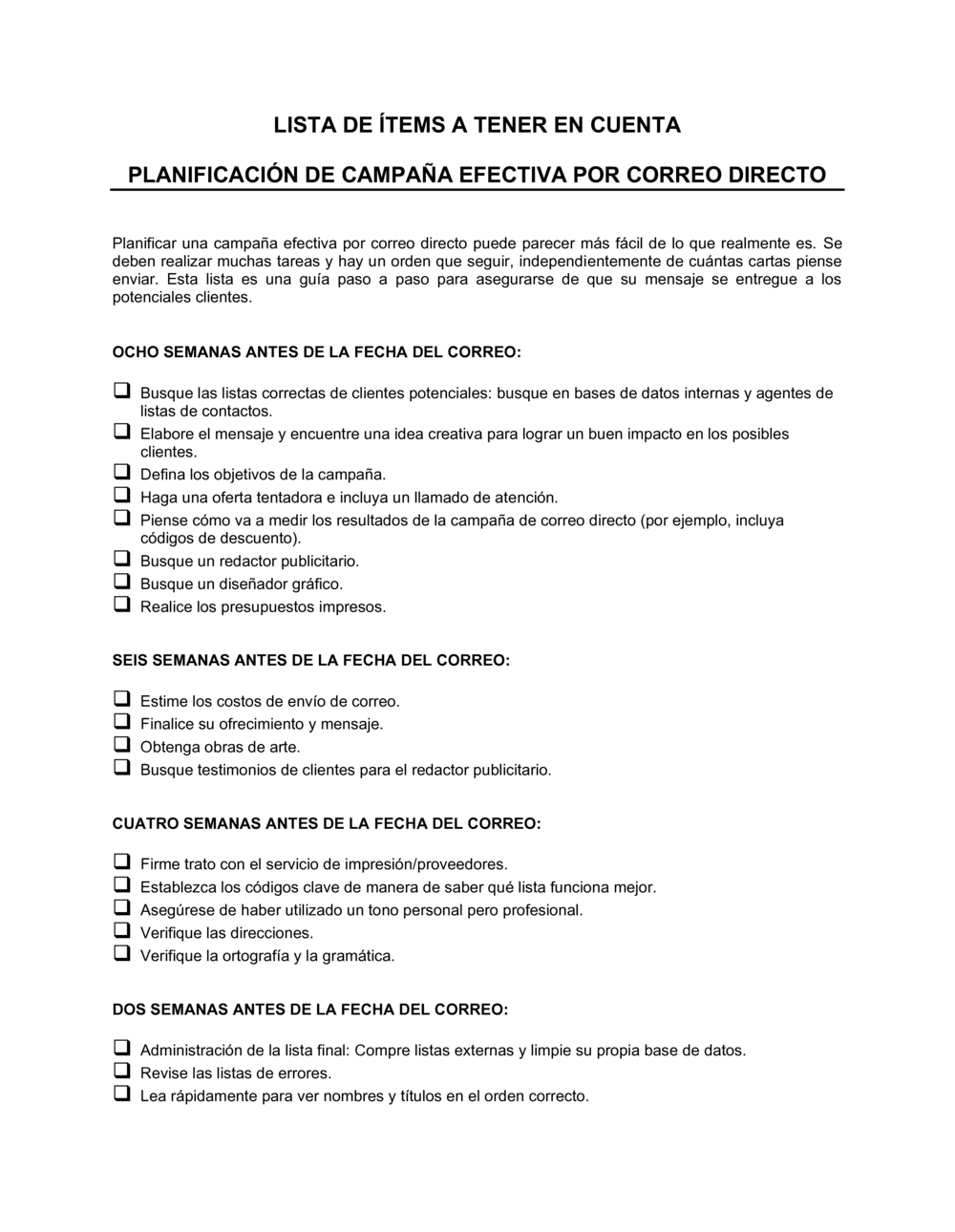 Business-in-a-Box's Lista de ítems a tener en cuenta cómo planear una campaña efectiva por correo directo