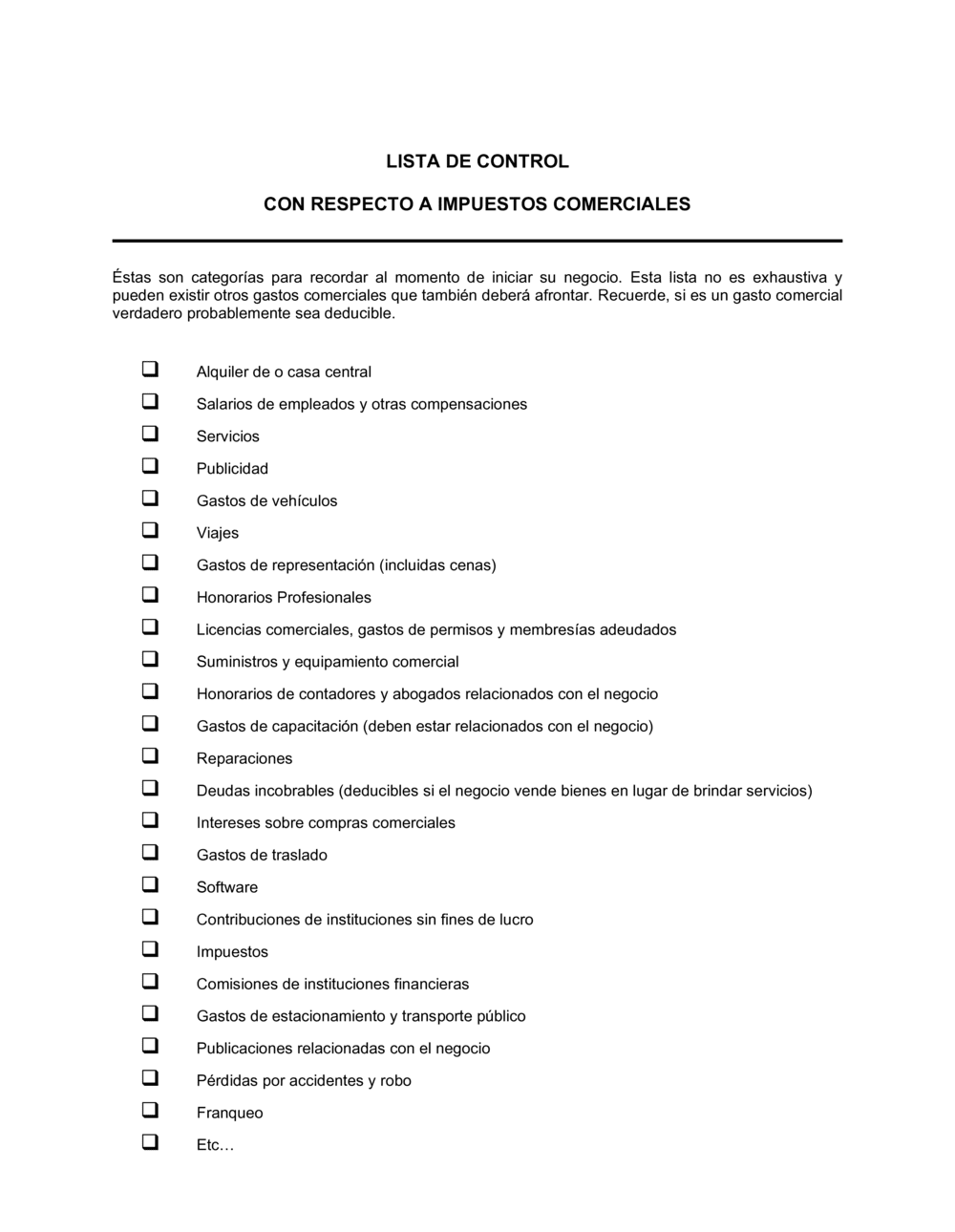 Business-in-a-Box's Lista de ítems a tener en cuenta deducciones comerciales