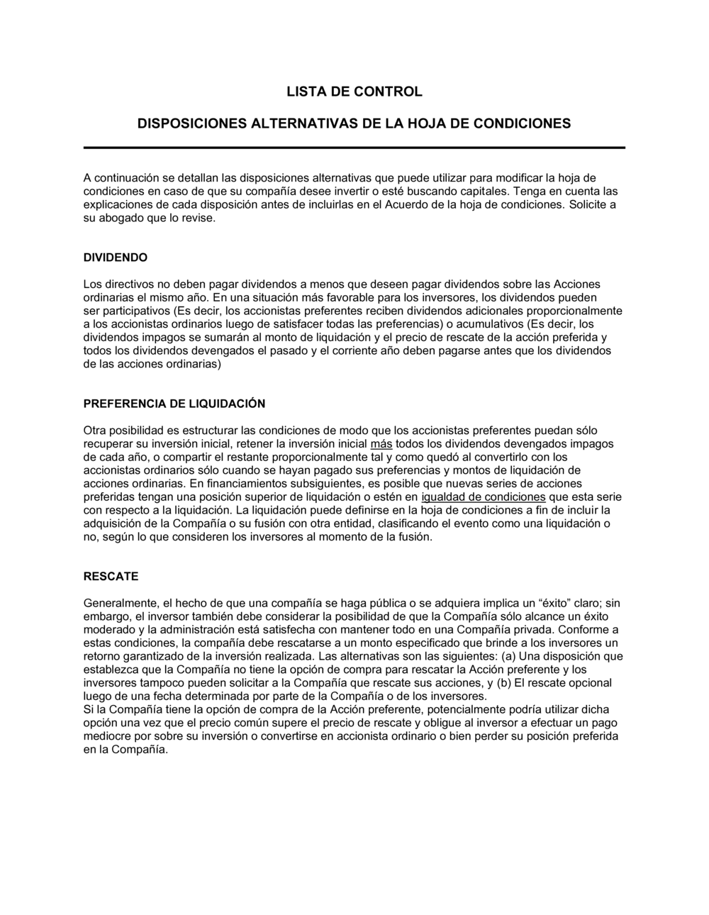 Business-in-a-Box's Lista de ítems a tener en cuenta disposiciones alternativas de la hoja de condiciones