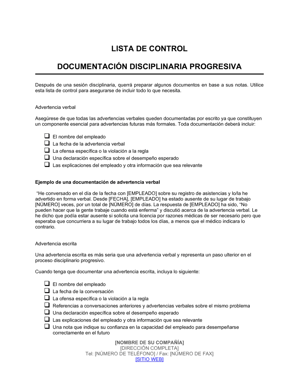 Business-in-a-Box's Lista de ítems a tener en cuenta documentación de disciplina progresiva