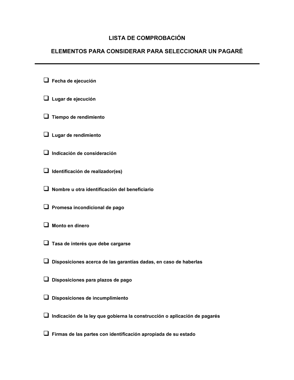 Business-in-a-Box's Lista de ítems a tener en cuenta elementos a considerar al momento de emitir un pagaré