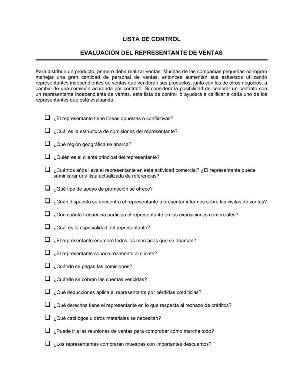 Business-in-a-Box's Lista de ítems a tener en cuenta evaluación del representante de ventas