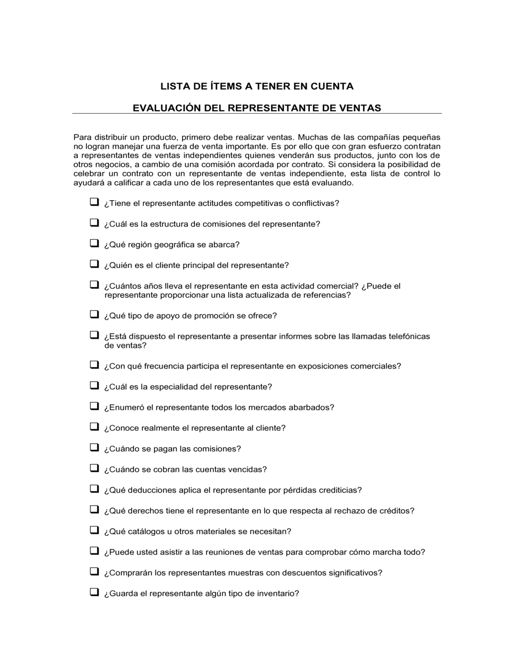 Business-in-a-Box's Lista de ítems a tener en cuenta evaluación del representante de ventas