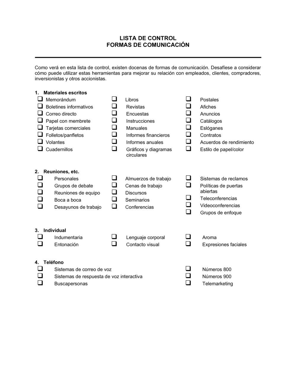 Business-in-a-Box's Lista de ítems a tener en cuenta formas de comunicación