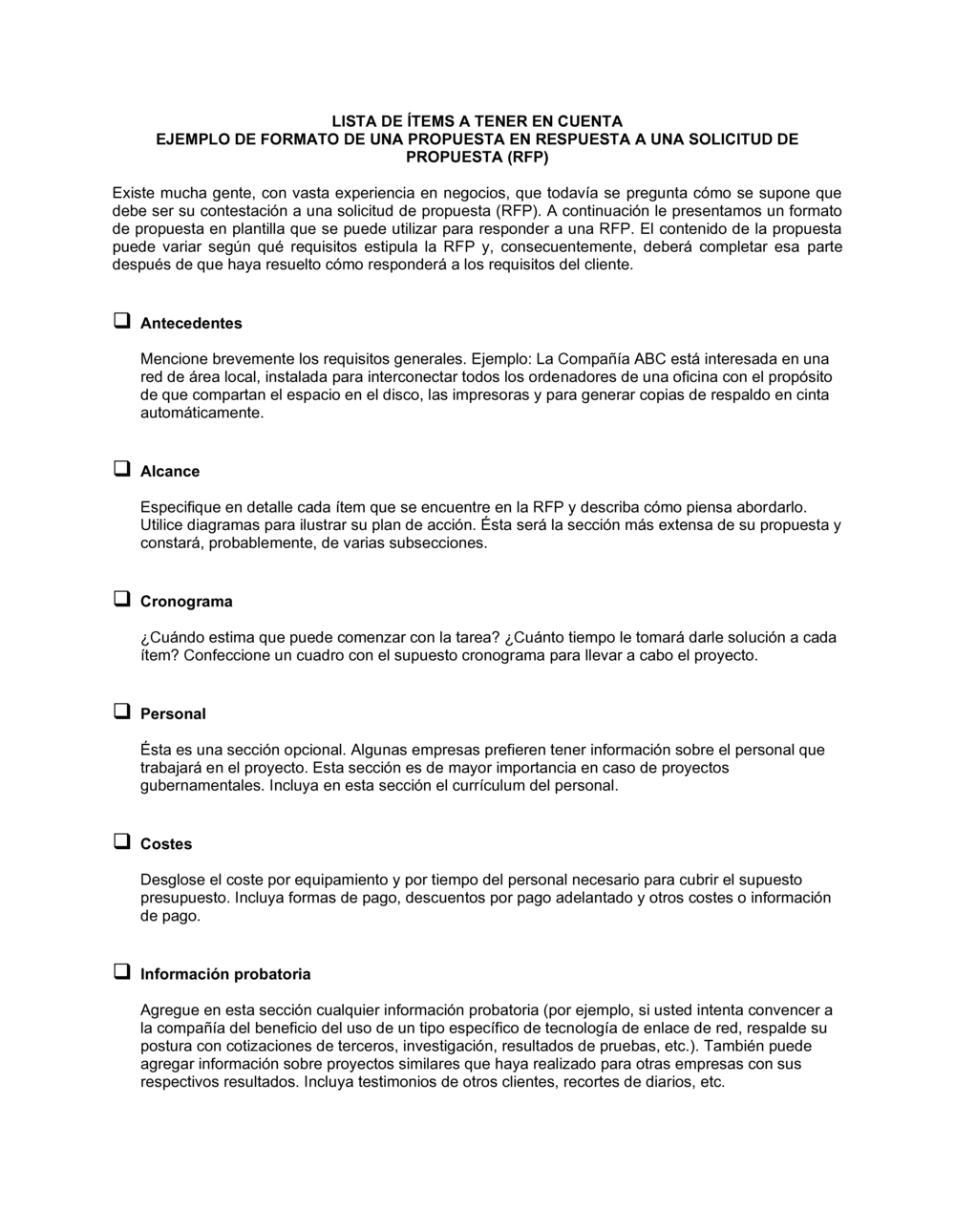 Business-in-a-Box's Lista de ítems a tener en cuenta formulario de muestra para responder a una RFP