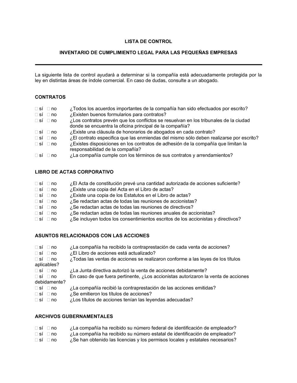 Business-in-a-Box's Lista de ítems a tener en cuenta inventario de cumplimiento legal para pequeñas compañías