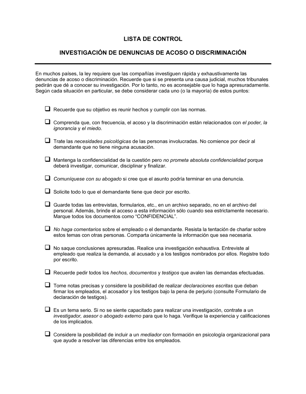 Business-in-a-Box's Lista de ítems a tener en cuenta investigación acerca de reclamos por acoso