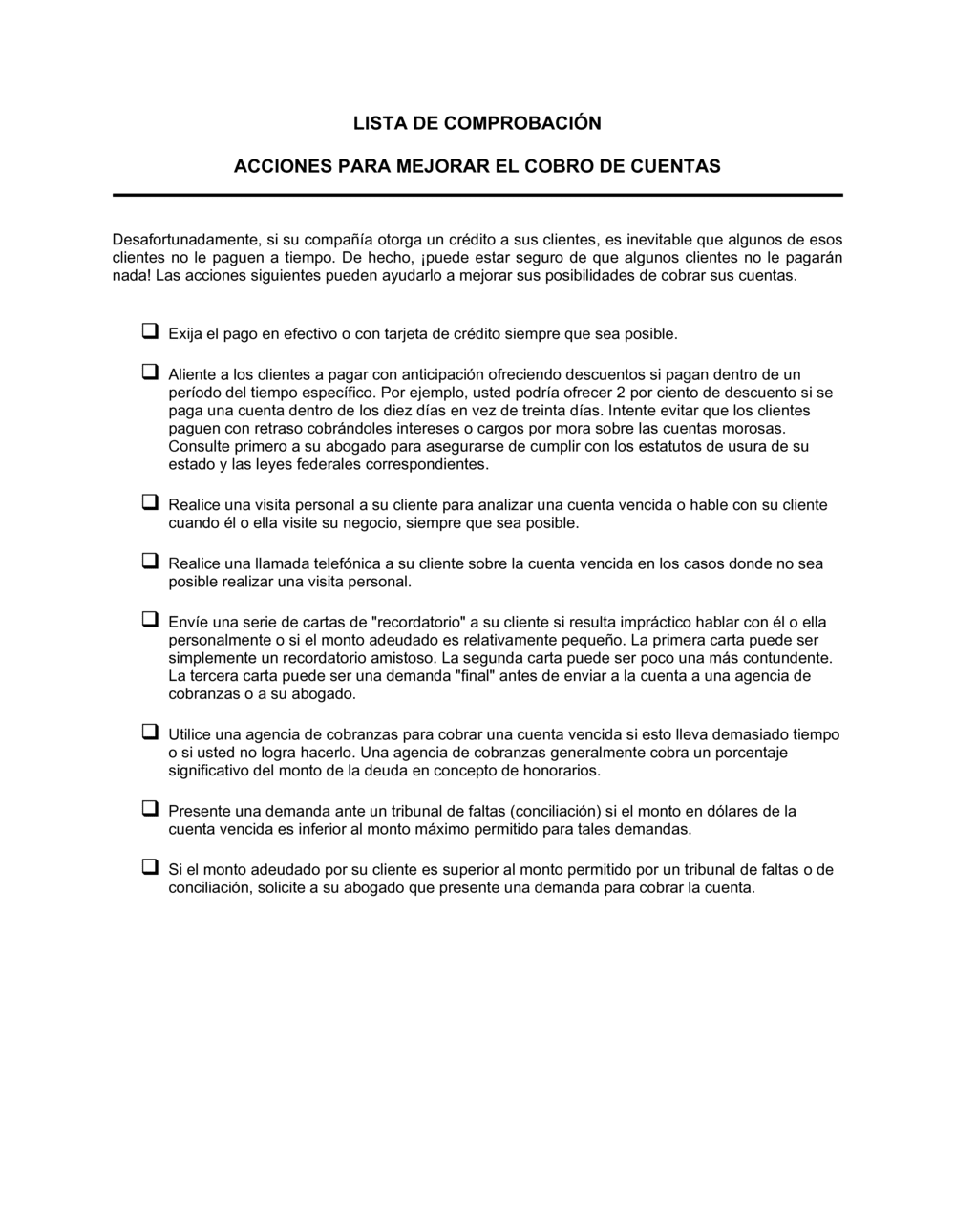 Business-in-a-Box's Lista de ítems a tener en cuenta medida para mejorar el cobro de adeudos