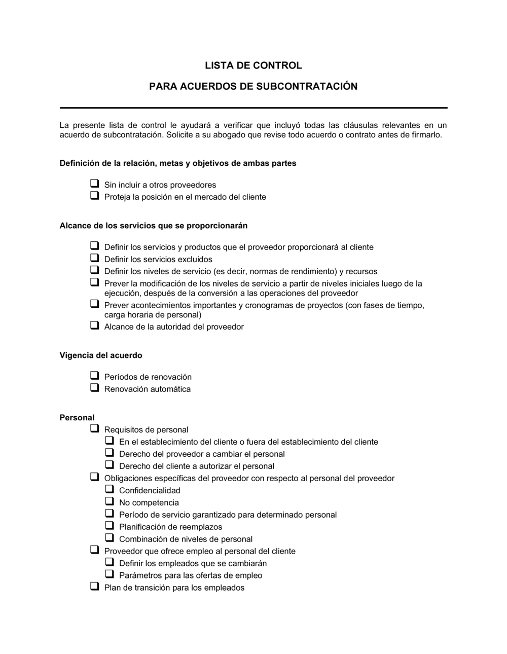 Business-in-a-Box's Lista de ítems a tener en cuenta para celebrar acuerdos con proveedores