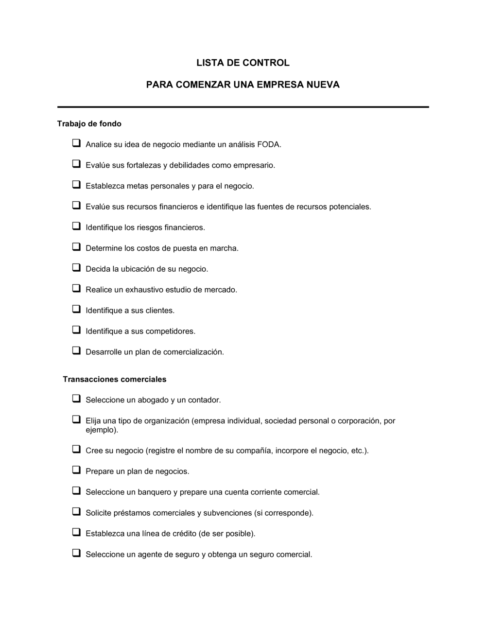 Business-in-a-Box's Lista de ítems a tener en cuenta para comenzar