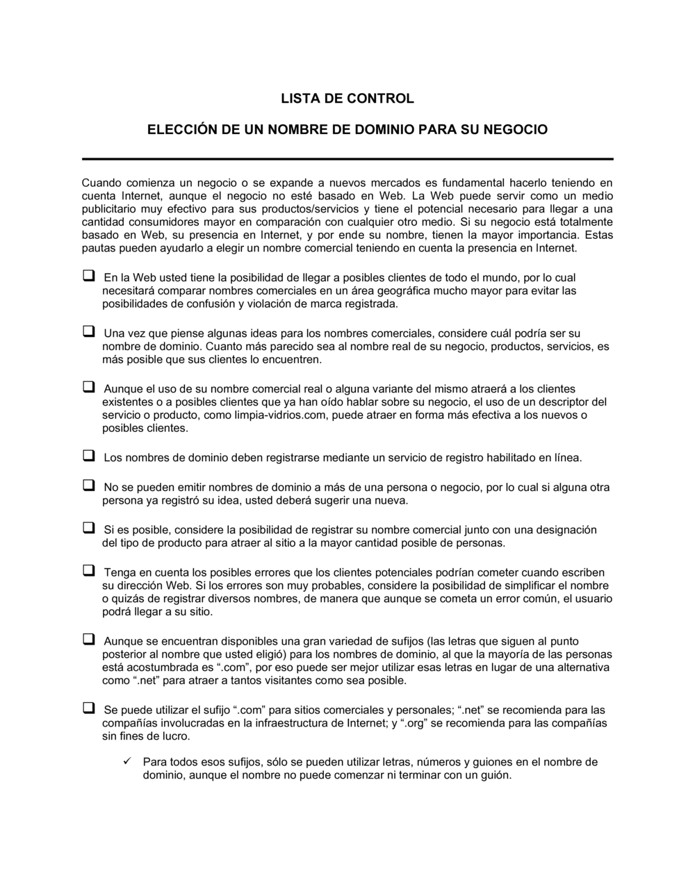 Business-in-a-Box's Lista de ítems a tener en cuenta para elegir un nombre de dominio