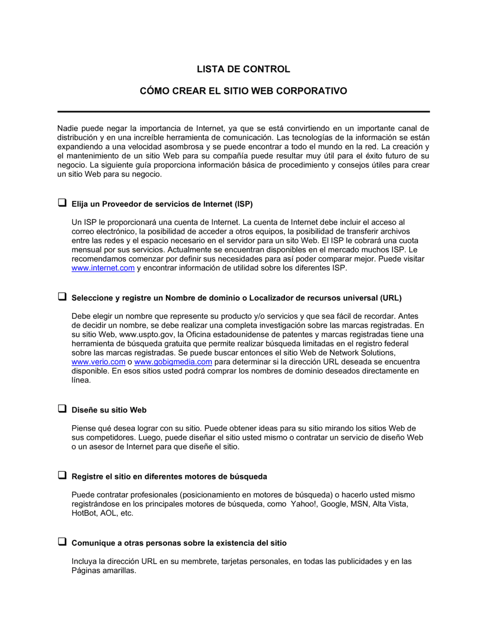 Business-in-a-Box's Lista de ítems a tener en cuenta para establecer un sitio web