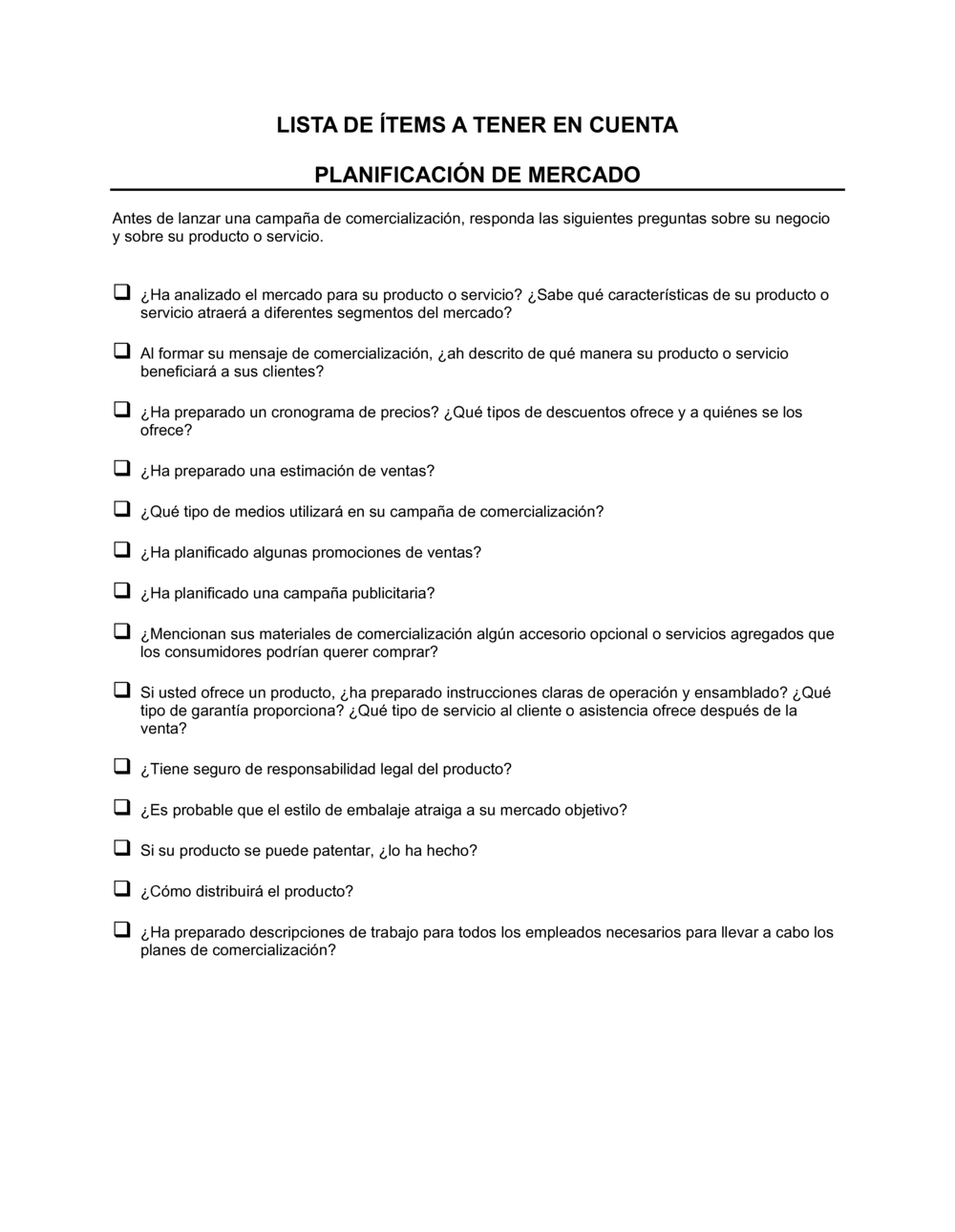 Business-in-a-Box's Lista de ítems a tener en cuenta planificación de mercados