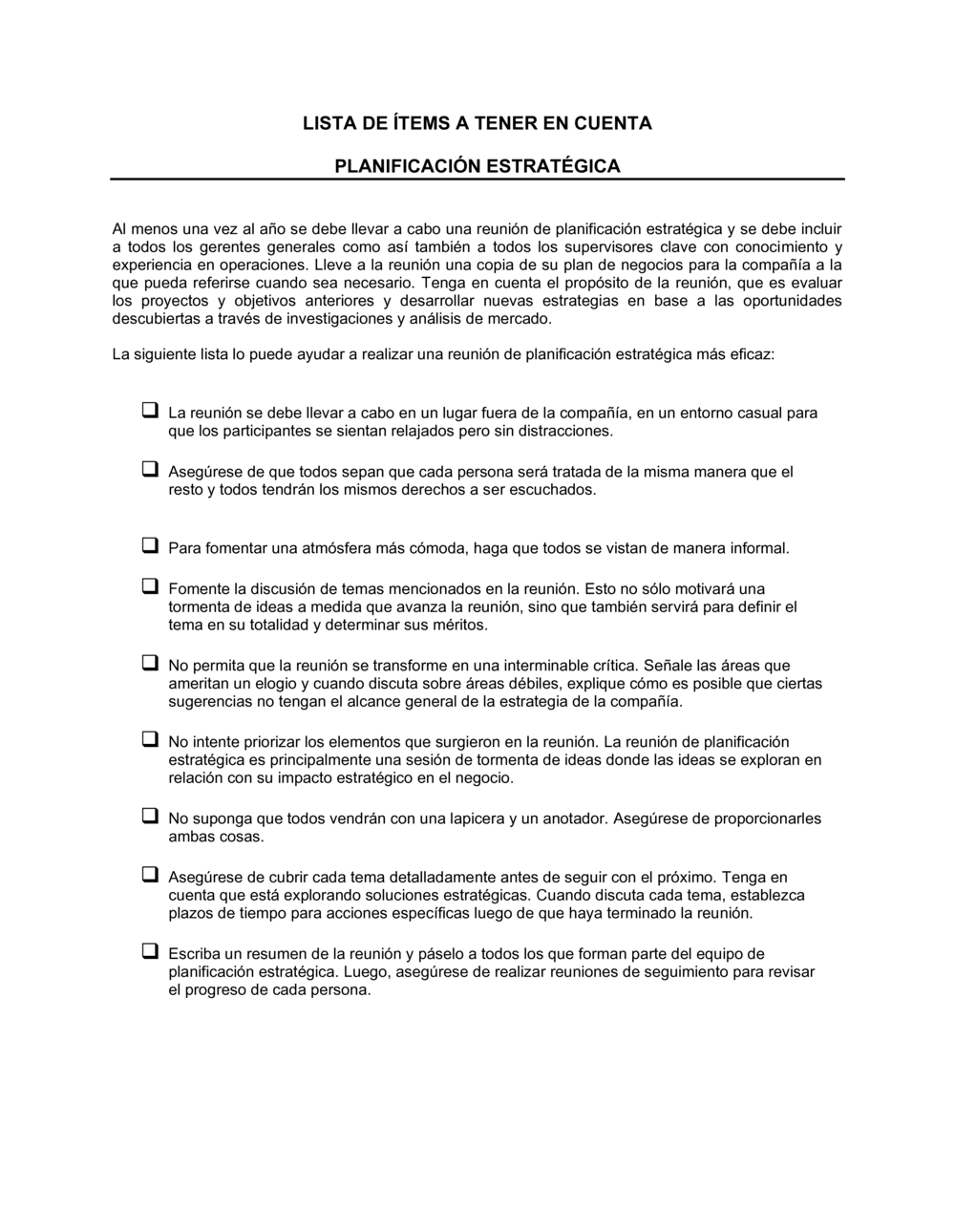 Business-in-a-Box's Lista de ítems a tener en cuenta planificación estratégica