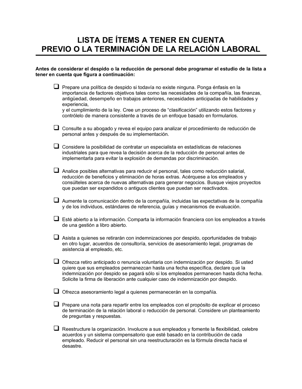 Business-in-a-Box's Lista de ítems a tener en cuenta previo a la extinción de la relación laboral
