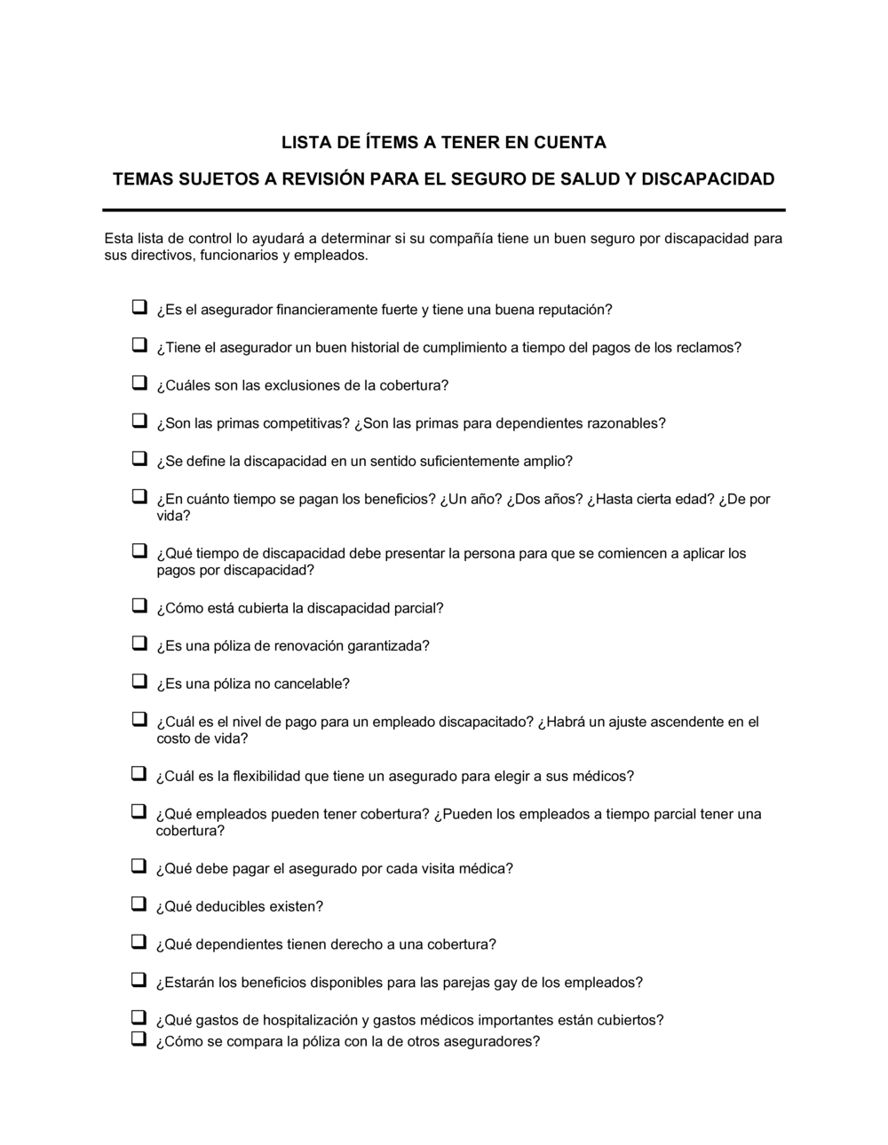 Business-in-a-Box's Lista de ítems a tener en cuenta seguro de salud y discapacidad