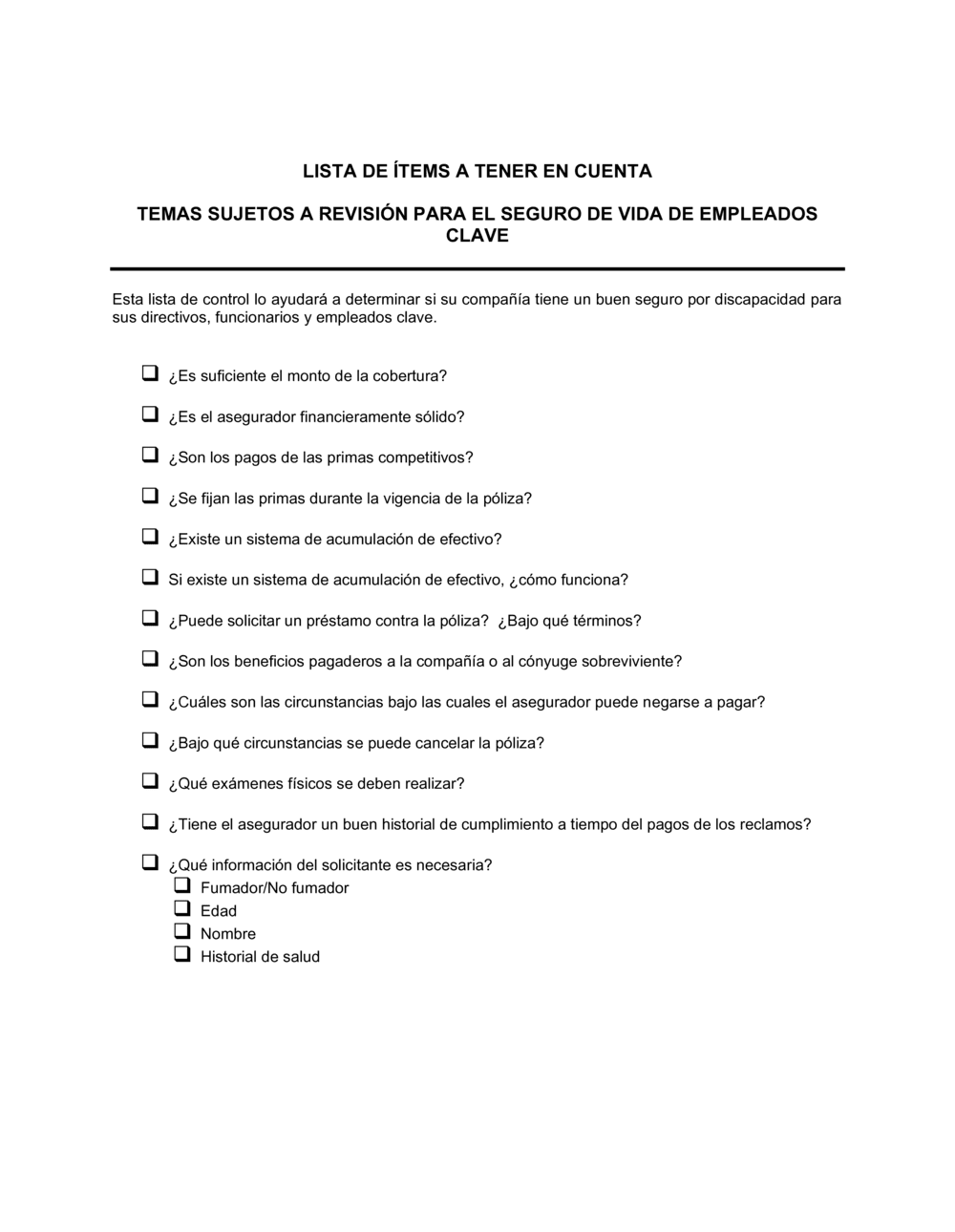 Business-in-a-Box's Lista de ítems a tener en cuenta seguro de vida de empleados claves