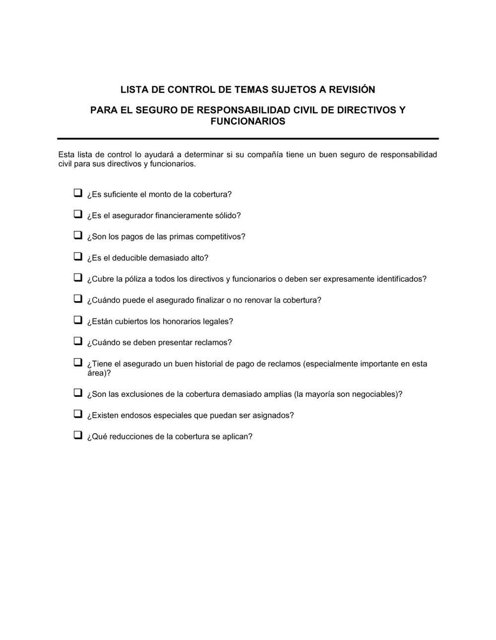 Business-in-a-Box's Lista de ítems a tener en cuenta seguro para directivos y funcionarios