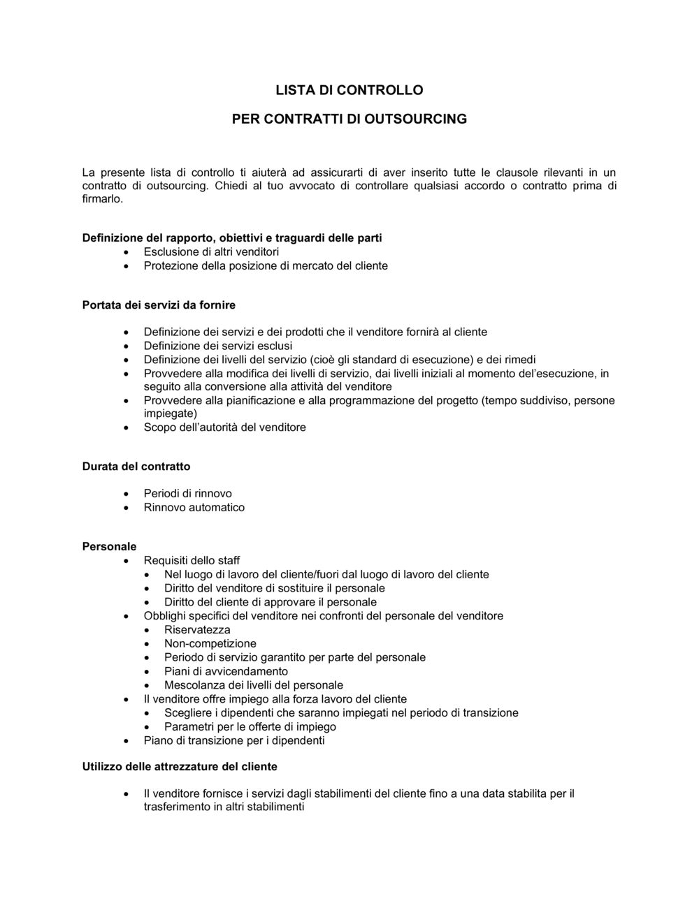 Business-in-a-Box's Lista di controllo per contratti di outsourcing