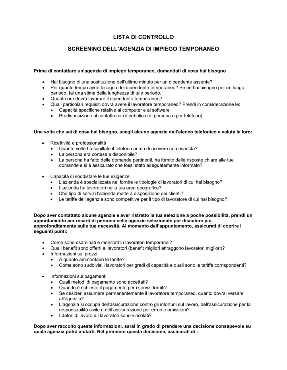 Business-in-a-Box's Lista di controllo screening agenzia di impiego temporaneo