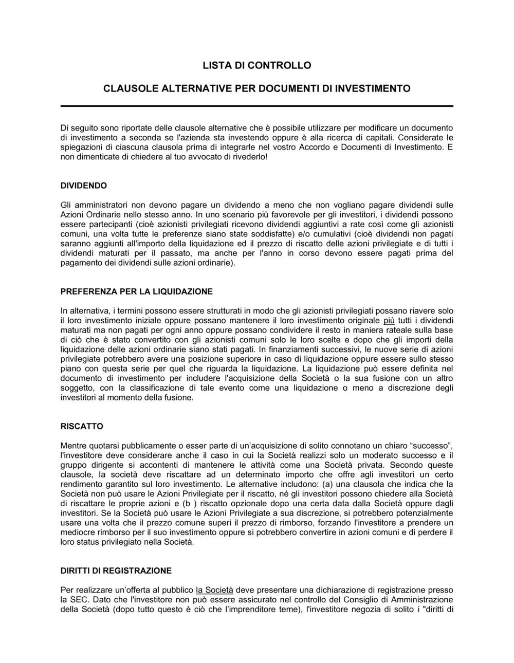 Business-in-a-Box's Lista di controllo clausole alternative documenti di investimento